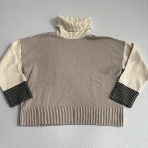 Garnet Hill Merino Wool Organic Cotton Turtleneck Sweater Women's L Gray Cream